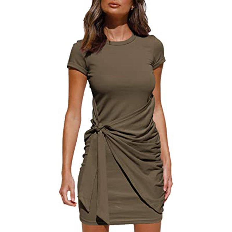 Damen Wickelkleid Kurzarm Raffung Knoten Detail Eveloria