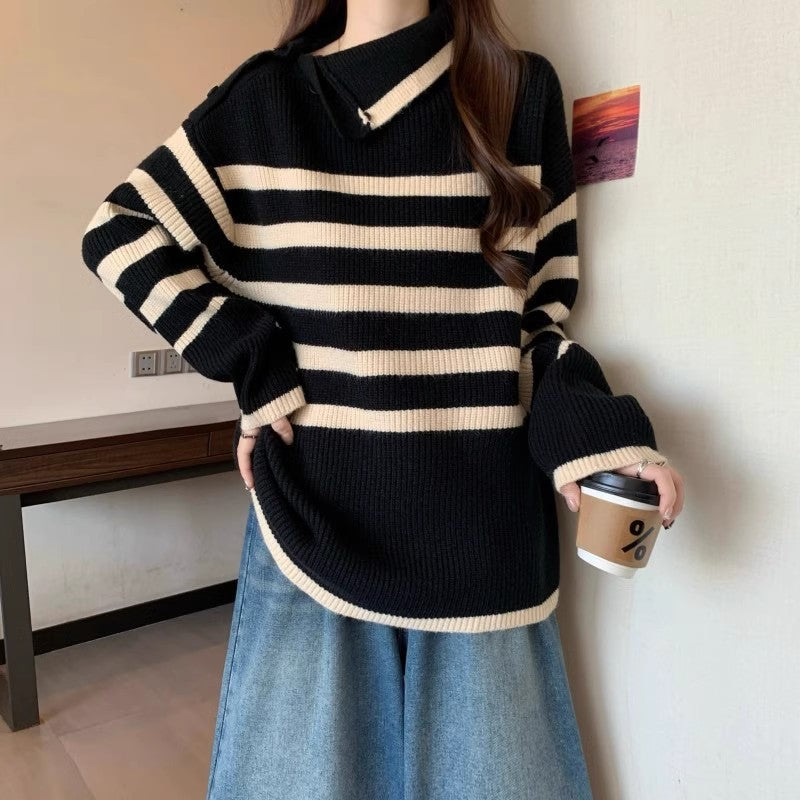 Damen Strickpullover Asymmetrischer Kragen Streifenmuster Eveloria