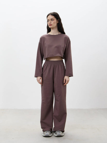 Damen Sweatshirt Set Komfortabel Cropped mit Jogginghose Grau