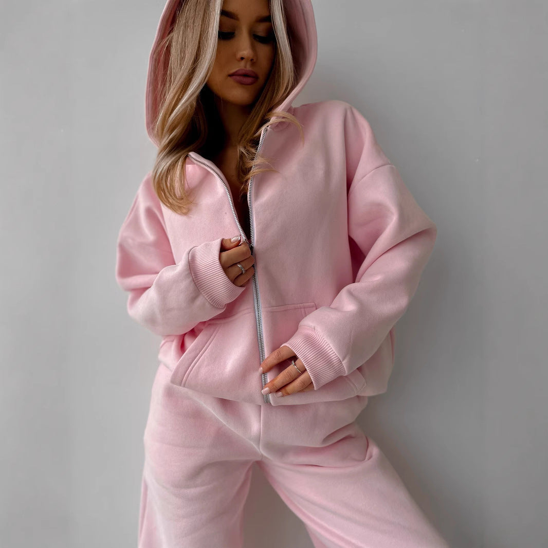 Damen Fleece-Jogginganzug Reißverschluss Weite Hose Eveloria