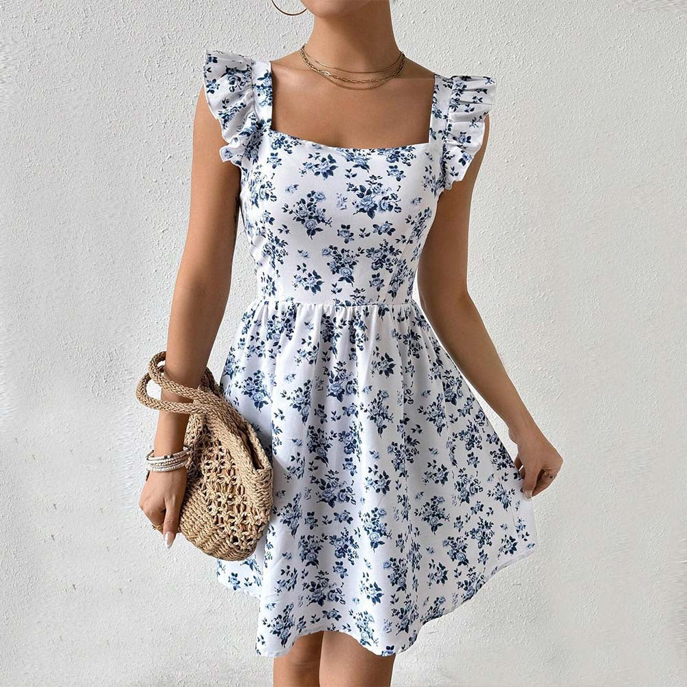 Damen Blumenkleid Sommer Rüschendetails Quadratausschnitt Eveloria