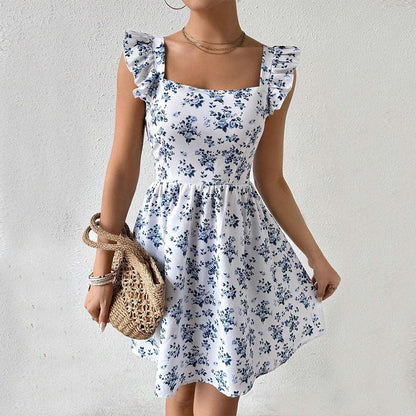 Damen Blumenkleid Sommer Rüschendetails Quadratausschnitt Eveloria