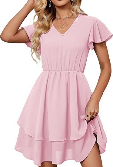 Damen Freizeitkleid Fließender Rock Rüschenärmel Eveloria