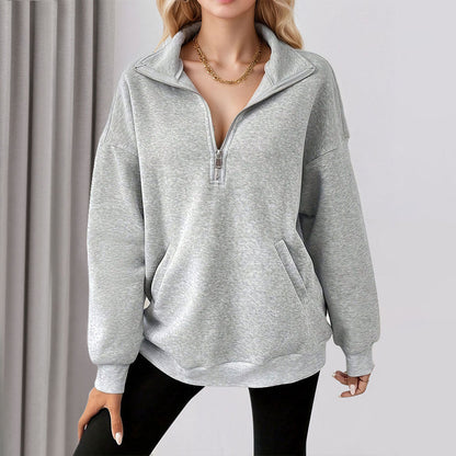 Damen Sweatpullover Halbzipp Reißverschluss Taschen Grau Eveloria - Eveloria