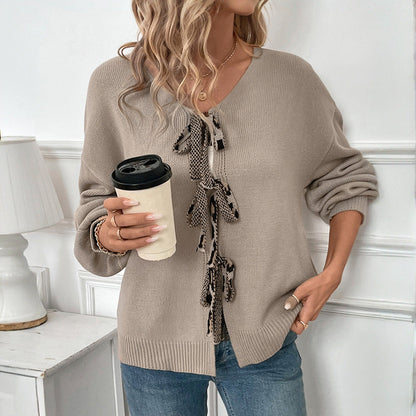 Damen Strickpullover Lässig mit Schleifen-Detail Anthrazit