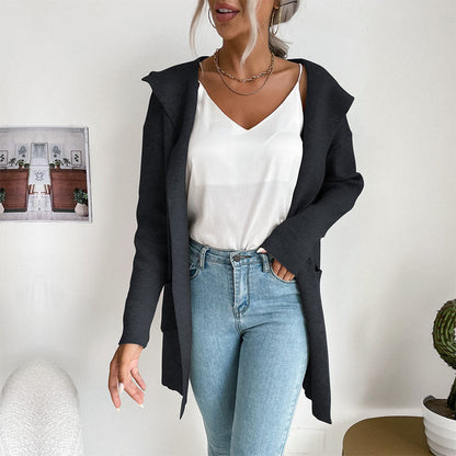 Damen Strickcardigan Lässig Hoher Kragen Offene Vorderseite Beige