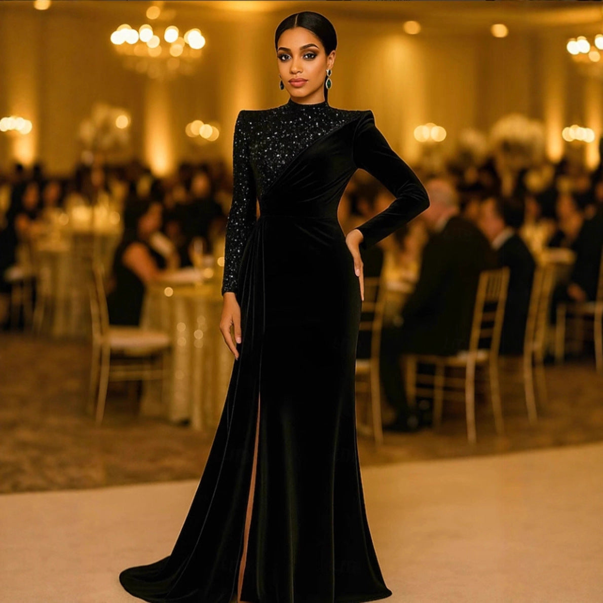 Damen Abendkleid Schimmerndes Oberteil Raffinierte Drapierung Eveloria