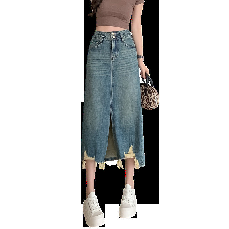 Damen Denimrock Lang Mit Seitlichem Schlitz Und Fransen
