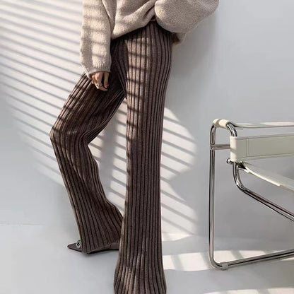 Damen Rippstrickhose Weites Bein Hoher Bund Eveloria