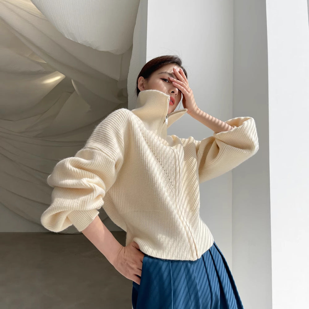 Damen Grobstrick Pullover Übergroß Hohler Kragen Beige