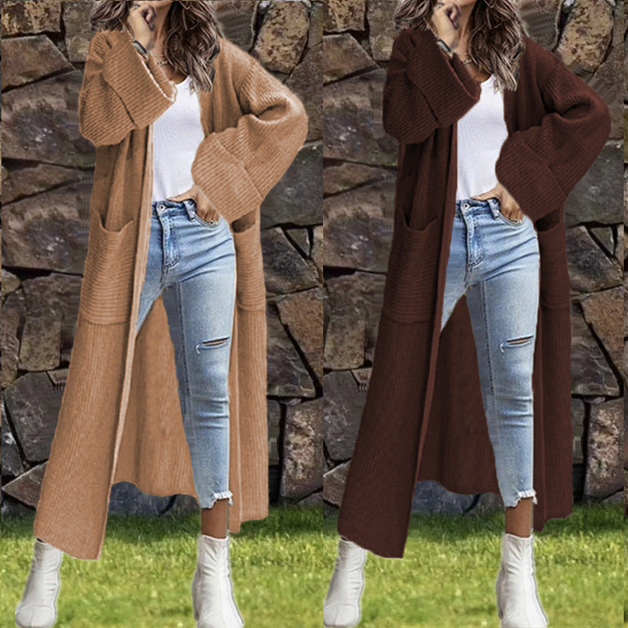 Damen Strickmantel Grobstrick Lässiger Schnitt Tiefen Taschen Beige - Eveloria