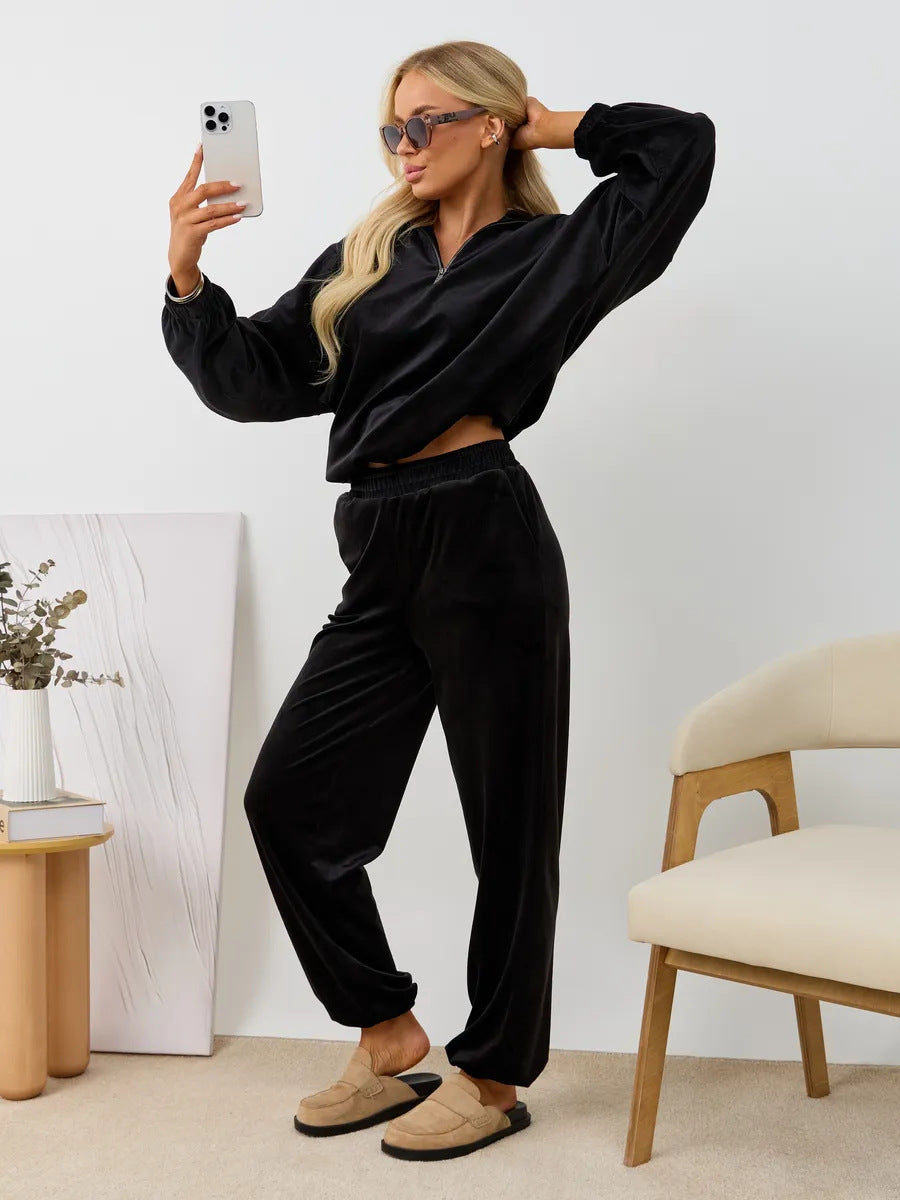 Damen Velours Jogginganzug Hochgeschlossener Kragen Elastisch