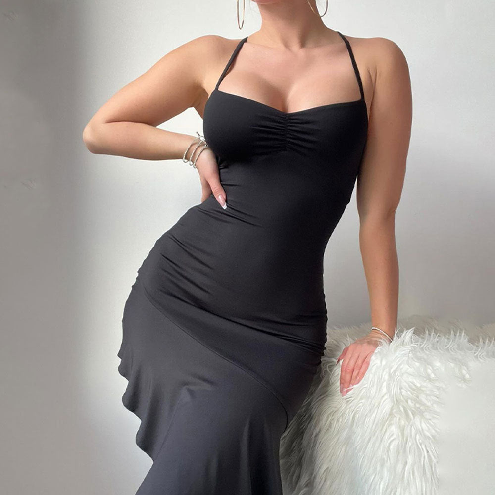 Damen Trägerloses Langarmkleid Fließender Saum Schwarz Eveloria - Eveloria