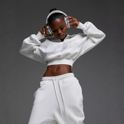 Damen Crop- Set Hochkragen Weite Hose Eveloria