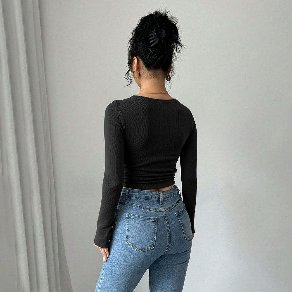 Damen Langarm Crop Knopfverzierung Elegantes Design Eveloria