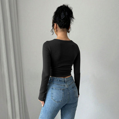 Damen Langarm Crop Knopfverzierung Elegantes Design Eveloria