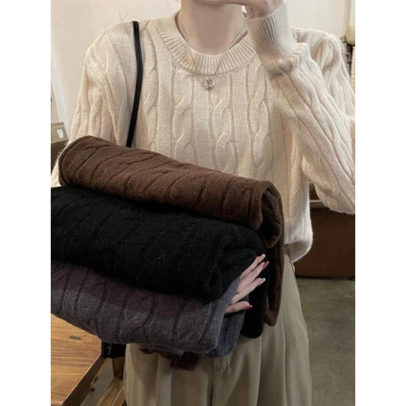 Damen Grobstrickpullover Strukturiertes Zopfmuster Lässig Beige