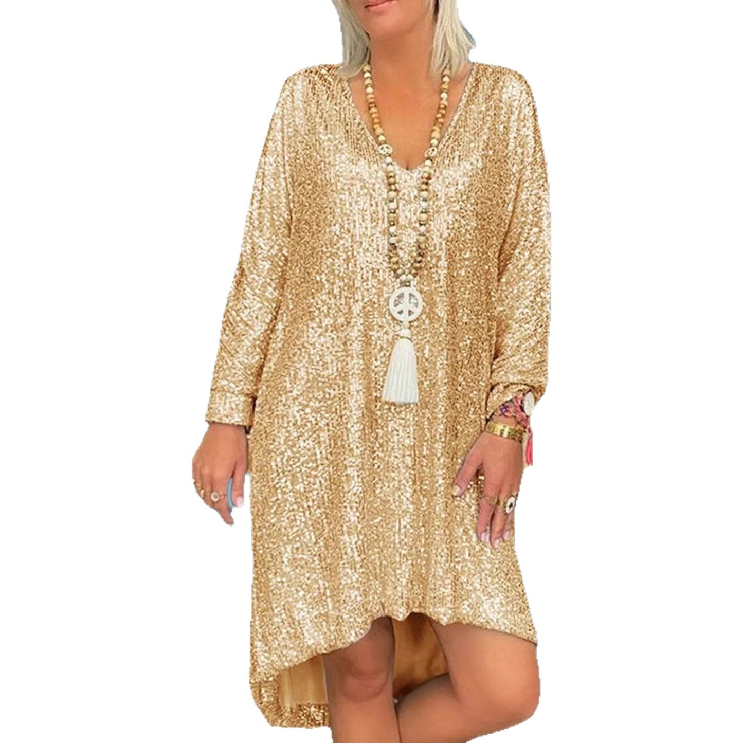 Damen Oversized Kleid Glitzernd V-Ausschnitt Langärmlig Eveloria