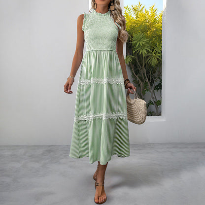 Damen Maxikleid Gestreift Voluminöse Rüschen Weiss