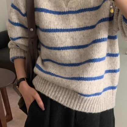 Damen Strickpullover V-Ausschnitt Streifen