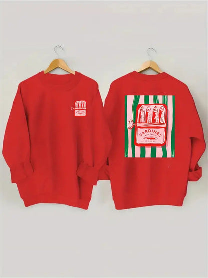 Damen Sweatshirt Sardinen-Grafik Lässig Grau Eveloria