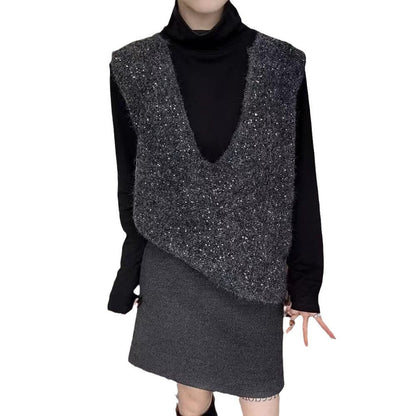 Damen Strickweste V-Ausschnitt Kreativer Schnitt Eveloria