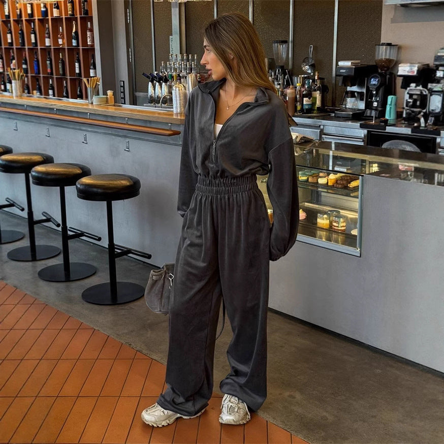 Damen Velours-Jumpsuit Hohler Kragen Locker