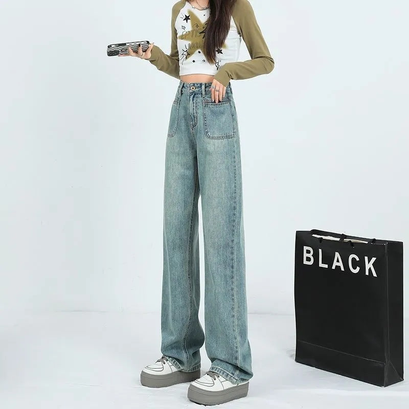 Damen Weite Denim-Hose Hohe Taschen Eveloria