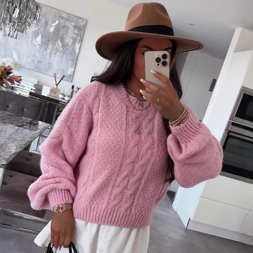Damen Grobstrickpullover Voluminöse Ärmel Zopfmuster