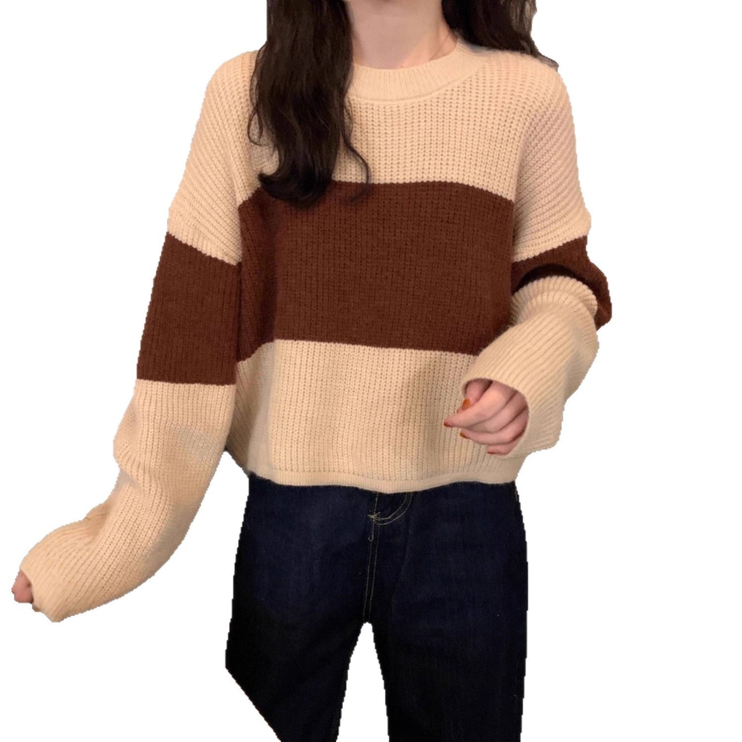 Damen Grobstrickpullover Modernes Farbblockdesign