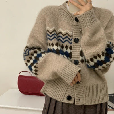 Damen Strickcardigan Kuschelig Ornamente Beige