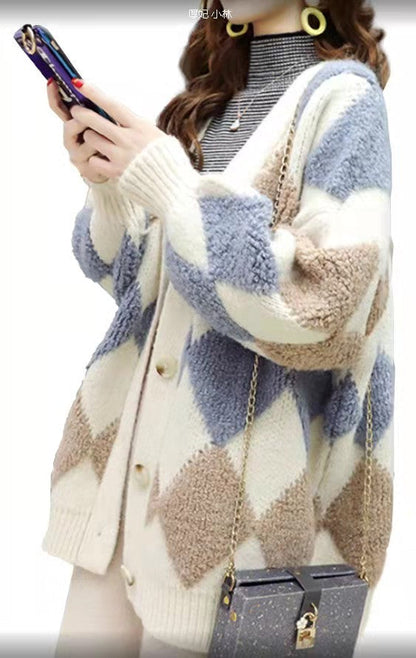 Damen Grobstrickjacke Rautenmuster Komfortschnitt