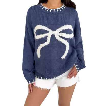 Damen Pullover mit Schleifenmotiv und auffälligen Details