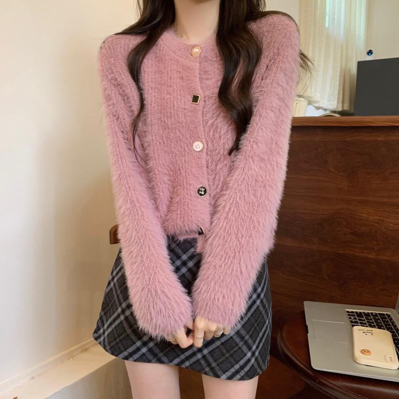 Damen Strickjacke Flauschig Länge Mit Knöpfen Langärmlig