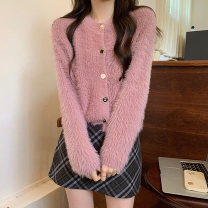 Damen Strickjacke Flauschig Länge Mit Knöpfen Langärmlig