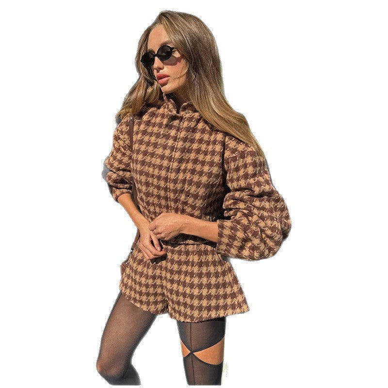 Damen Modische Jacke Puffärmel Karomuster Eveloria