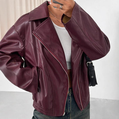 Damen Oversized Kunstlederjacke schmal Reißverschluss