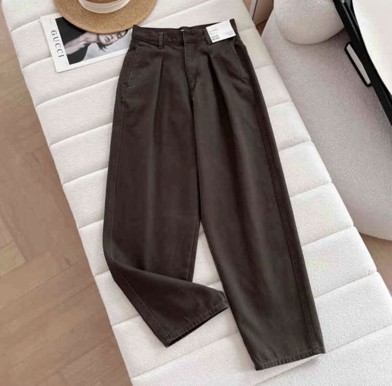 Damen Chino-Hose Hochtailliert Mit Taschen Beige