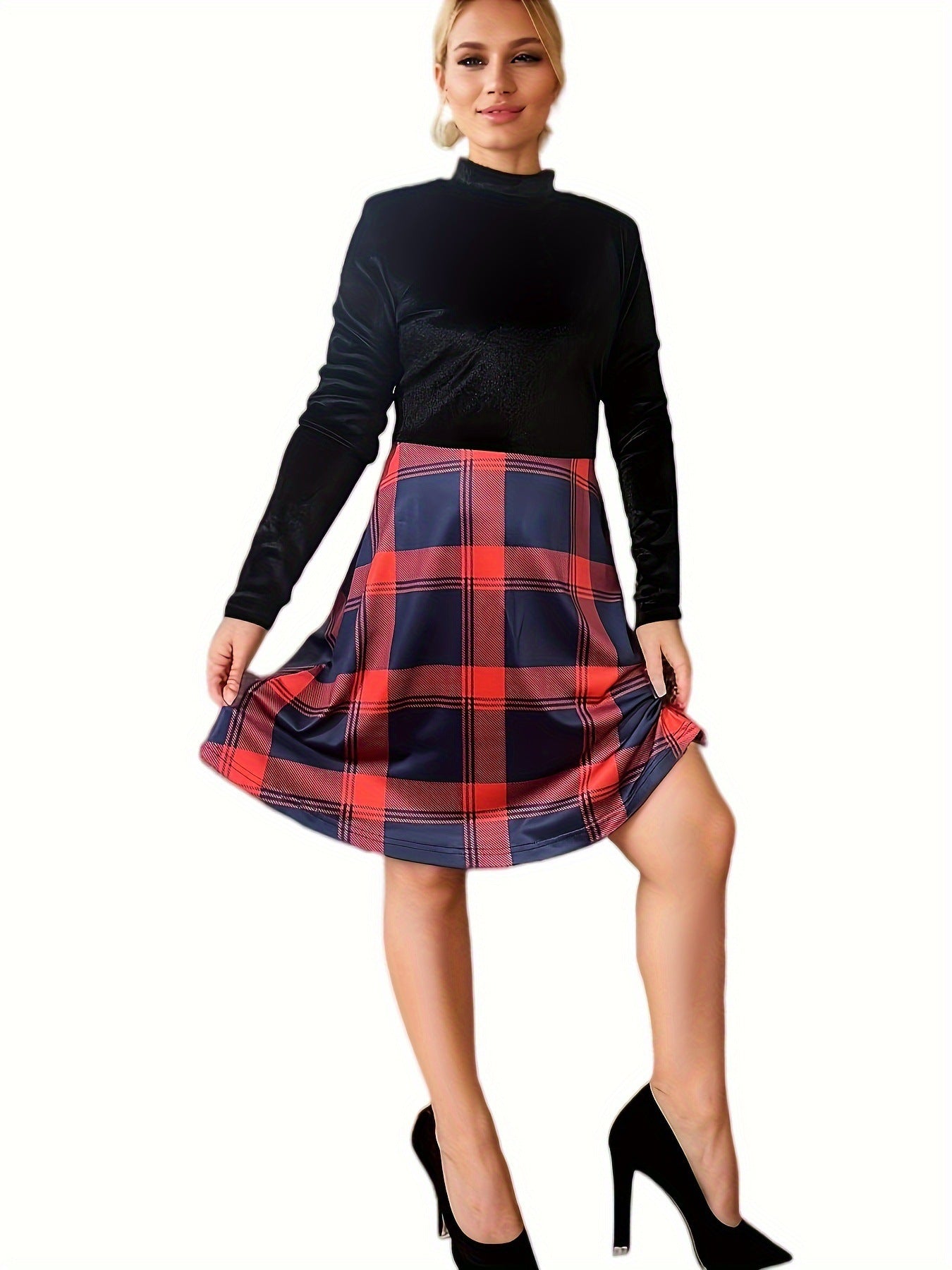 Damen Kleid Karomuster Hochgeschlossen Fließender Rock Eveloria