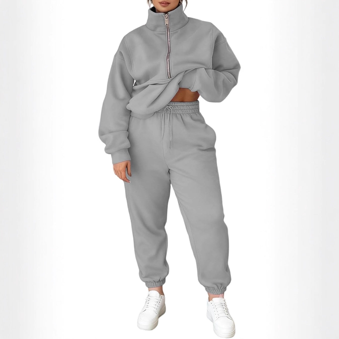 Damen Fleece-Pullover Hochkragen Reißverschluss Kuschelig Grau