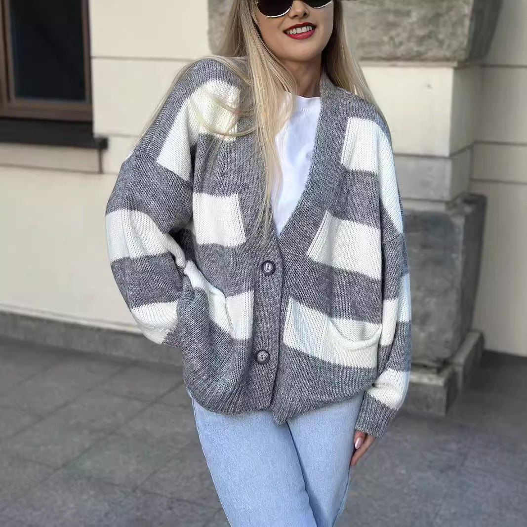 Damen Oversized Strickjacke Streifenmuster Taschen Beige