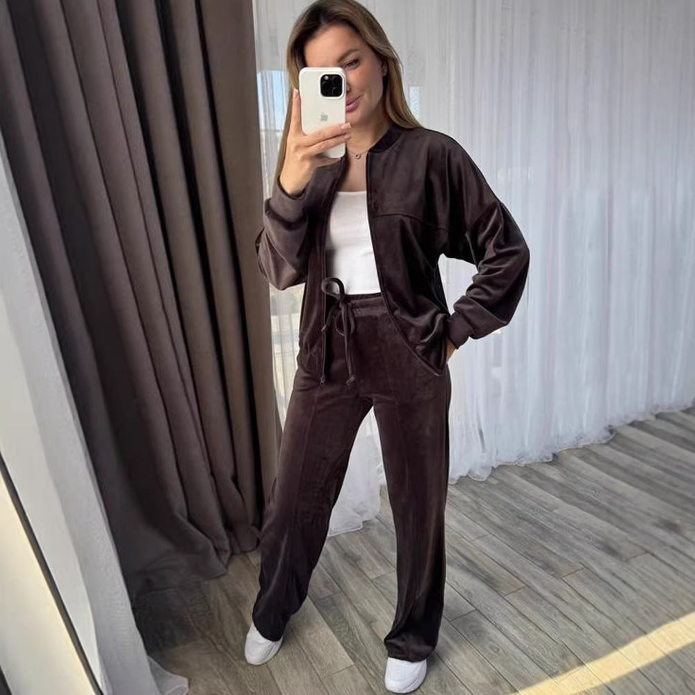 Damen Velours Jogginganzug Hochkragen Praktische Taschen Schwarz - Eveloria