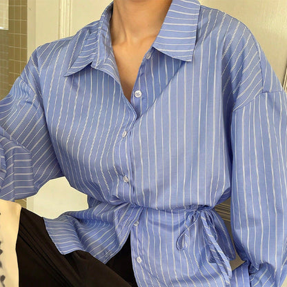 Damen Bluse mit Bindeband Streifenmuster Elegant