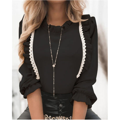 Damen Bluse Spitze Rüschendetails Weiß Eveloria
