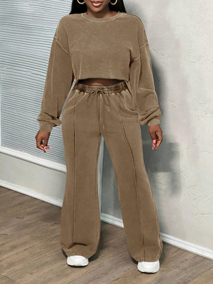 Damen Cropped Loungewear-Set Weites Hosenbein Hochwerder Bund Eveloria