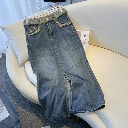 Damen Denim-Midi-Rock mit Frontschlitz Blau - Eveloria