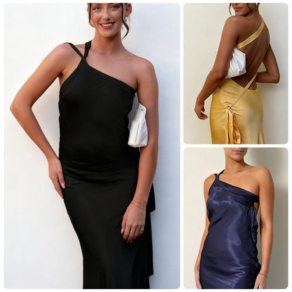 Damen Maxikleid Asymmetrisches Halterdesign Satin Schimmernd - Eveloria