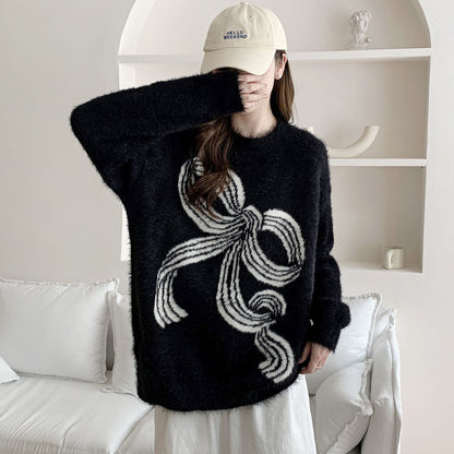 Damen Pullover Kuschelig Schleifenmuster Grau
