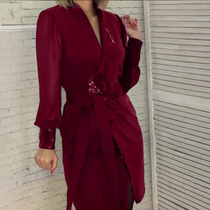 Damen Wickelkleid Pailletten Taillengürtel Eveloria