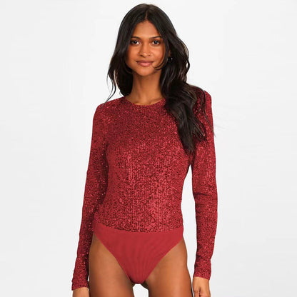 Damen Glitzerbodysuit Langer Ärmel Schimmerstoff Eveloria